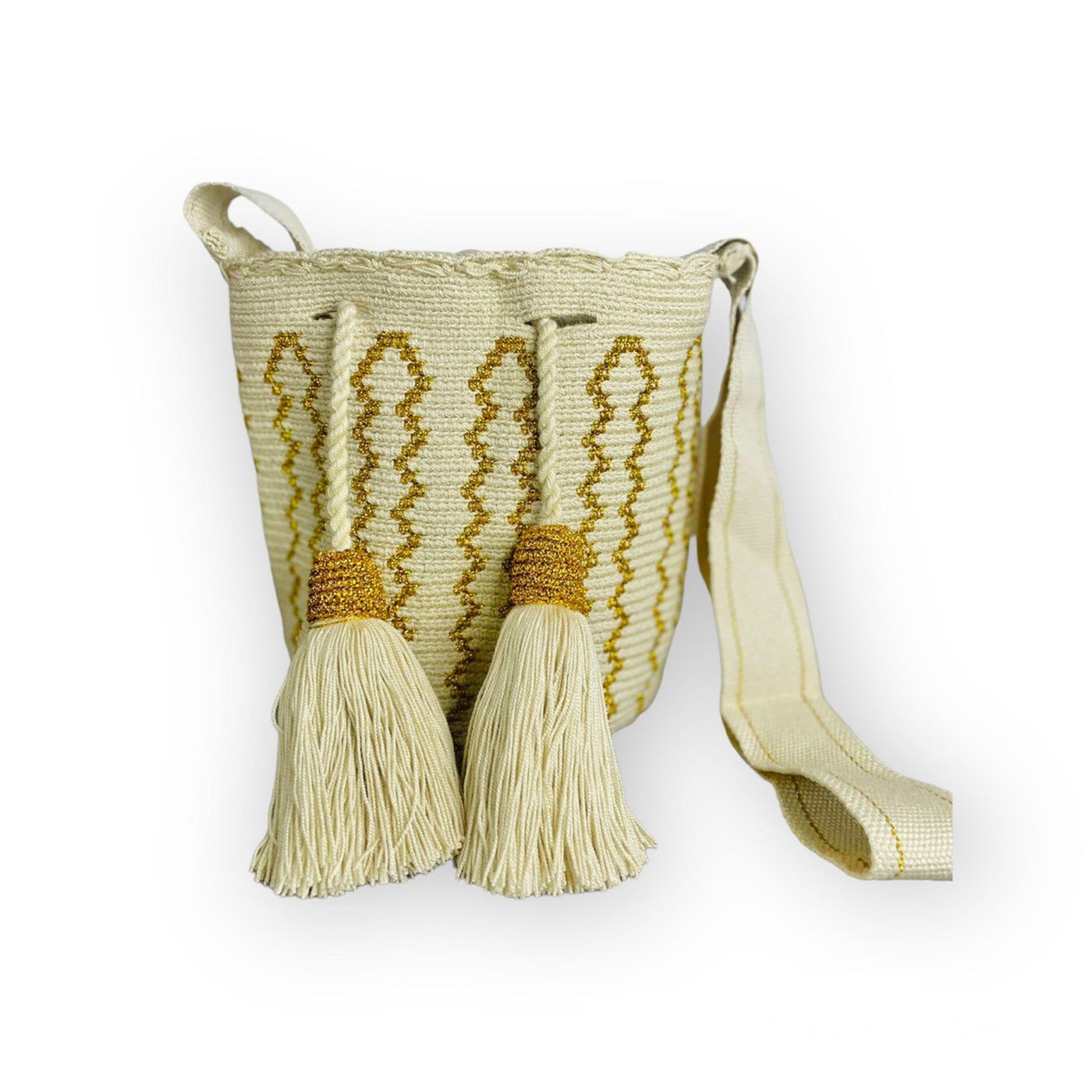 Limited Edition Handbags | Medium Silk Crochet Bags Medium-Crossbody Crochet Boho Bag - Traditional Wayuu Design Tan / Gold 