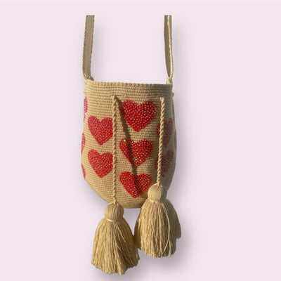 Red/Beige Hearts Valentines Rhinestones Handbag | Crochet Bohemian Bag | Boho Purse 