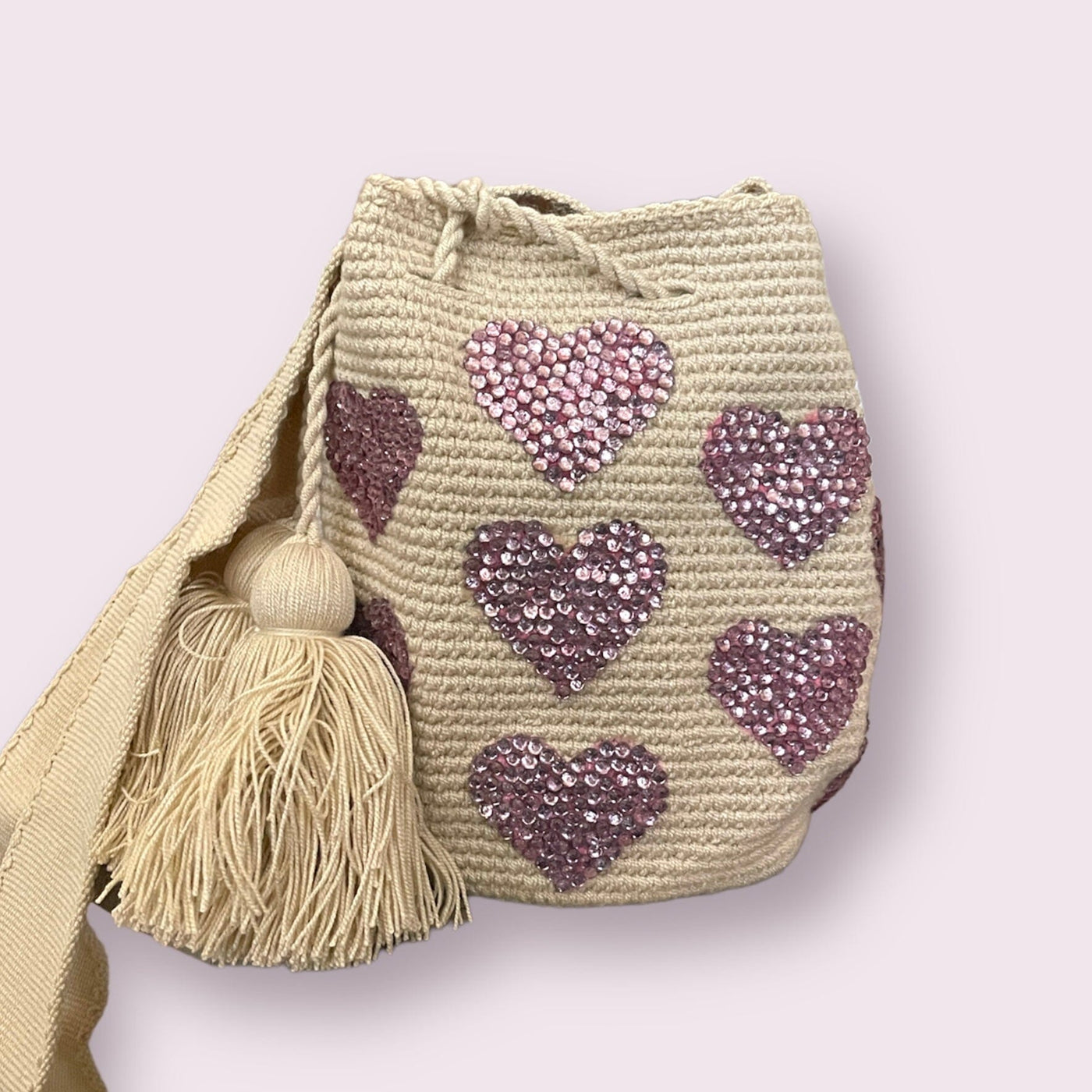 Lavender Hearts Valentines Rhinestones Handbag | Crochet Bohemian Bag | Boho Purse 