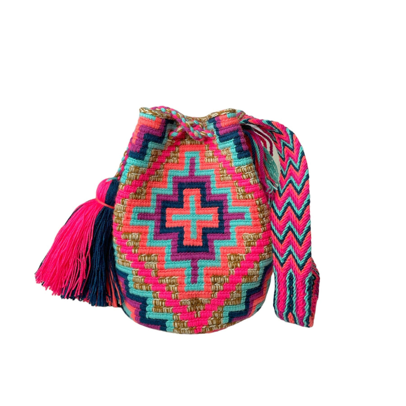 Medium Crochet Beach Bags | Crossbody Summer/Spring Purse (M) Medium-Crossbody Crochet Boho Bag - Traditional Wayuu Design Spring | Hot Pink 