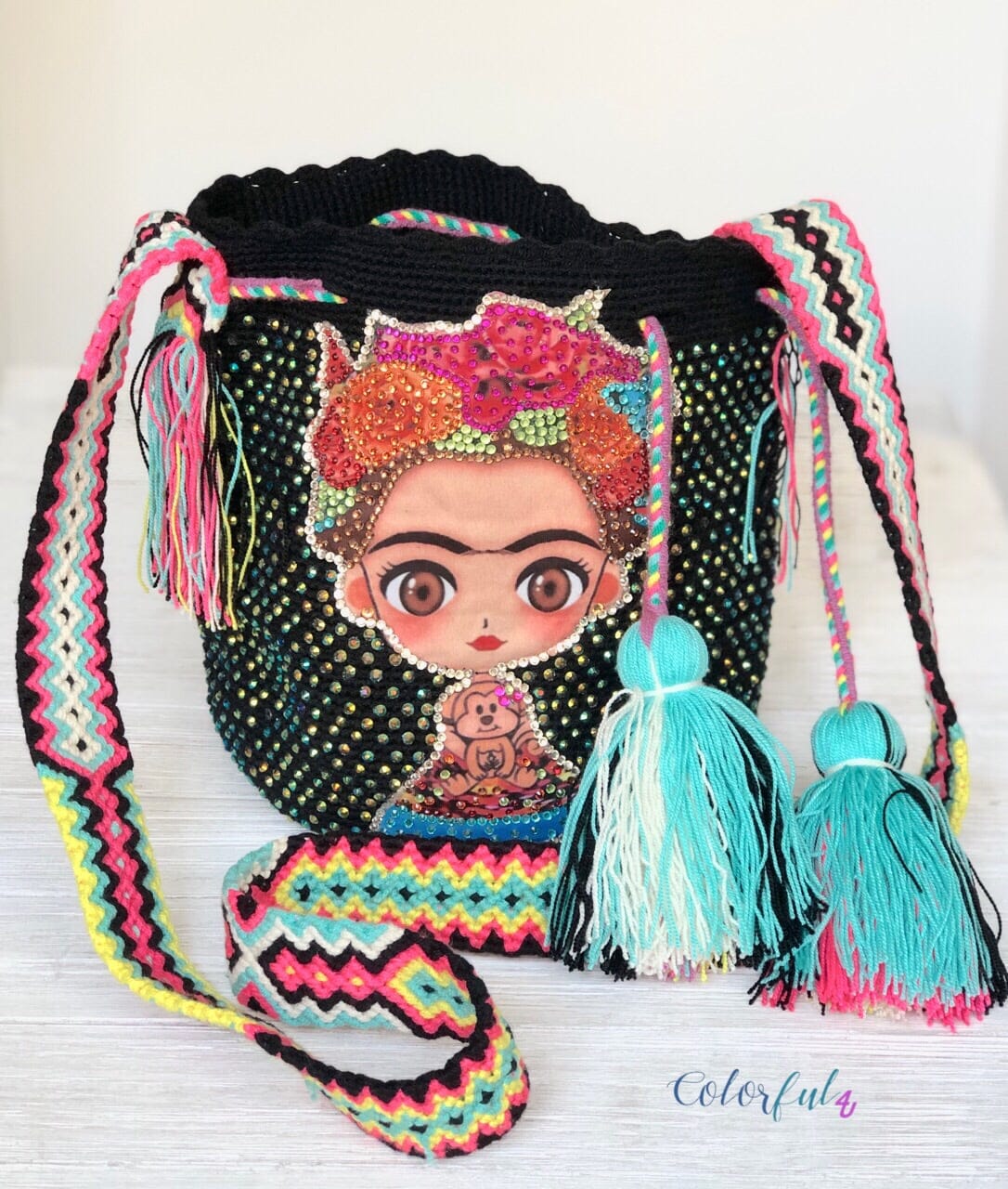FRIDA Kahlo Bag - Black Crossbody Bucket Bag-Boho Wayuu Bag-Medium Bag