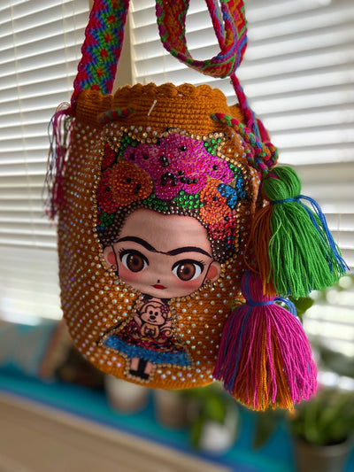Medium Frida Tribute Crochet Bags with Crystals Medium-Crossbody Crochet Boho Bag - Traditional Wayuu Design 