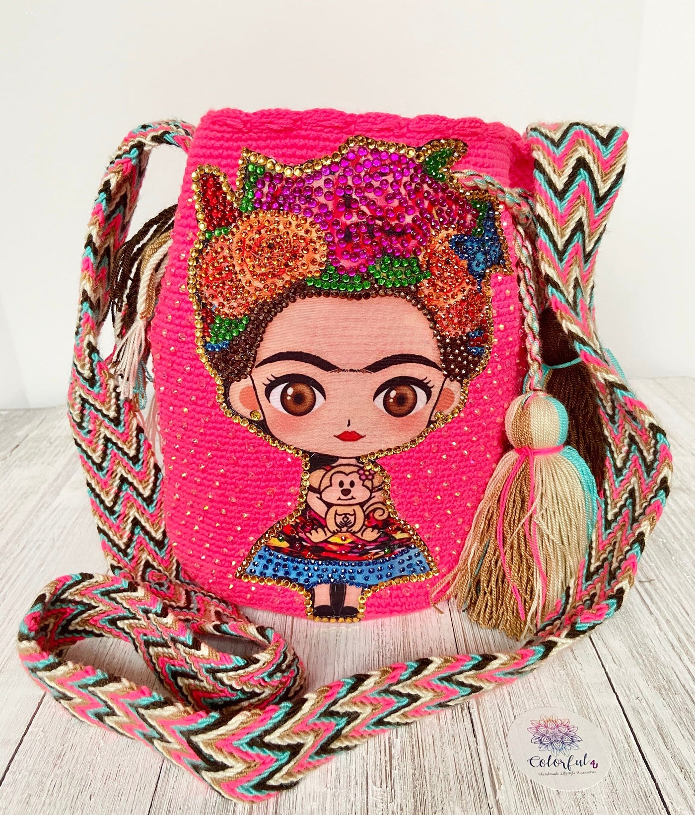 Medium Frida Tribute Crochet Bags with Crystals Medium-Crossbody Crochet Boho Bag - Traditional Wayuu Design Hot Pink-Cotton Candy Skies 