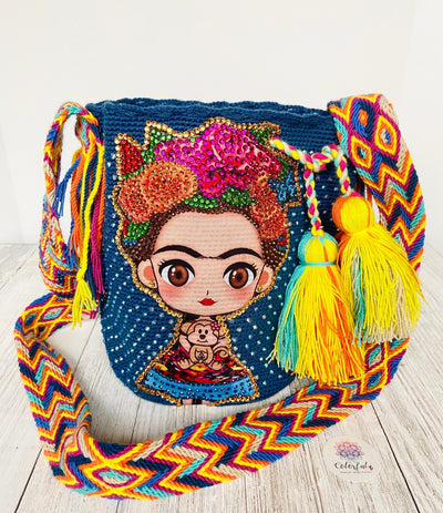 Medium Frida Tribute Crochet Bags with Crystals Medium-Crossbody Crochet Boho Bag - Traditional Wayuu Design Navy-Full Crystals 