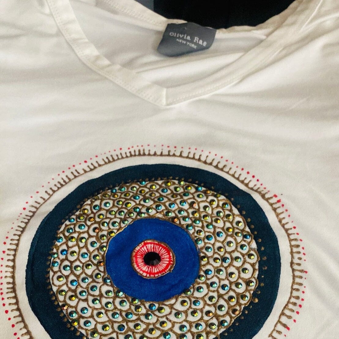 Greek blue eye Bohemian T-Shirt | Hand Painted Tee | Boho Top | Art TShirt | Evil Eye | Carin Castro Wearable Art | Colorful 4U