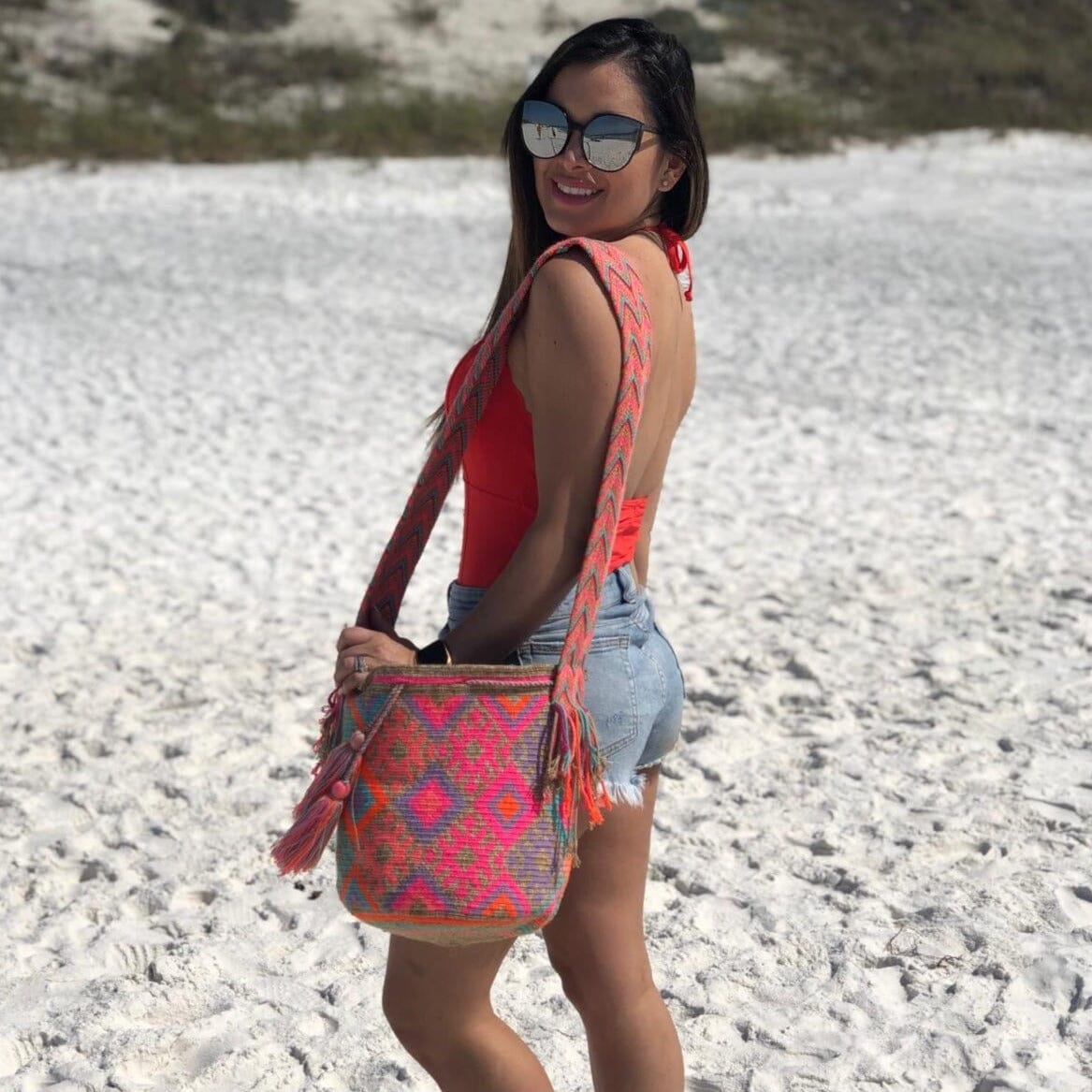 Wearing Colorful Bohemian Bag | Crossbody Beach Bag | Summer Crochet Purse 