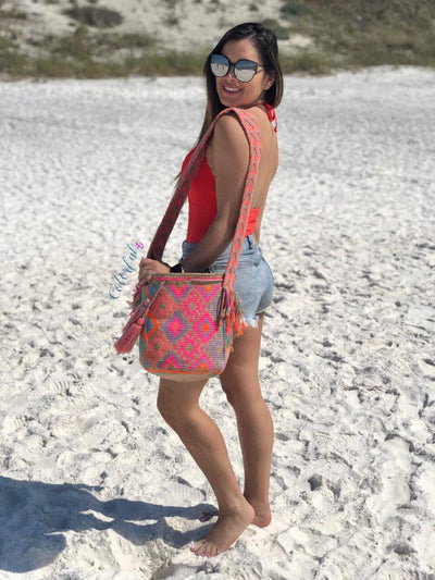 Wearing a Boho Beach Bag for summer on shoulder | Colorful 4U Crochet Bag