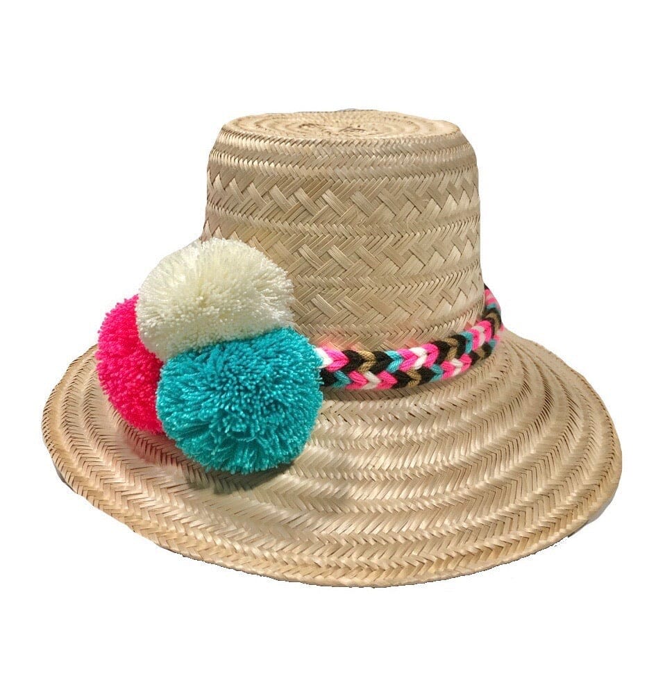 Pink-Turquoise Natural Straw Hat | Authentic Wayuu Hat | Summer Hat | Boho Sun Hat