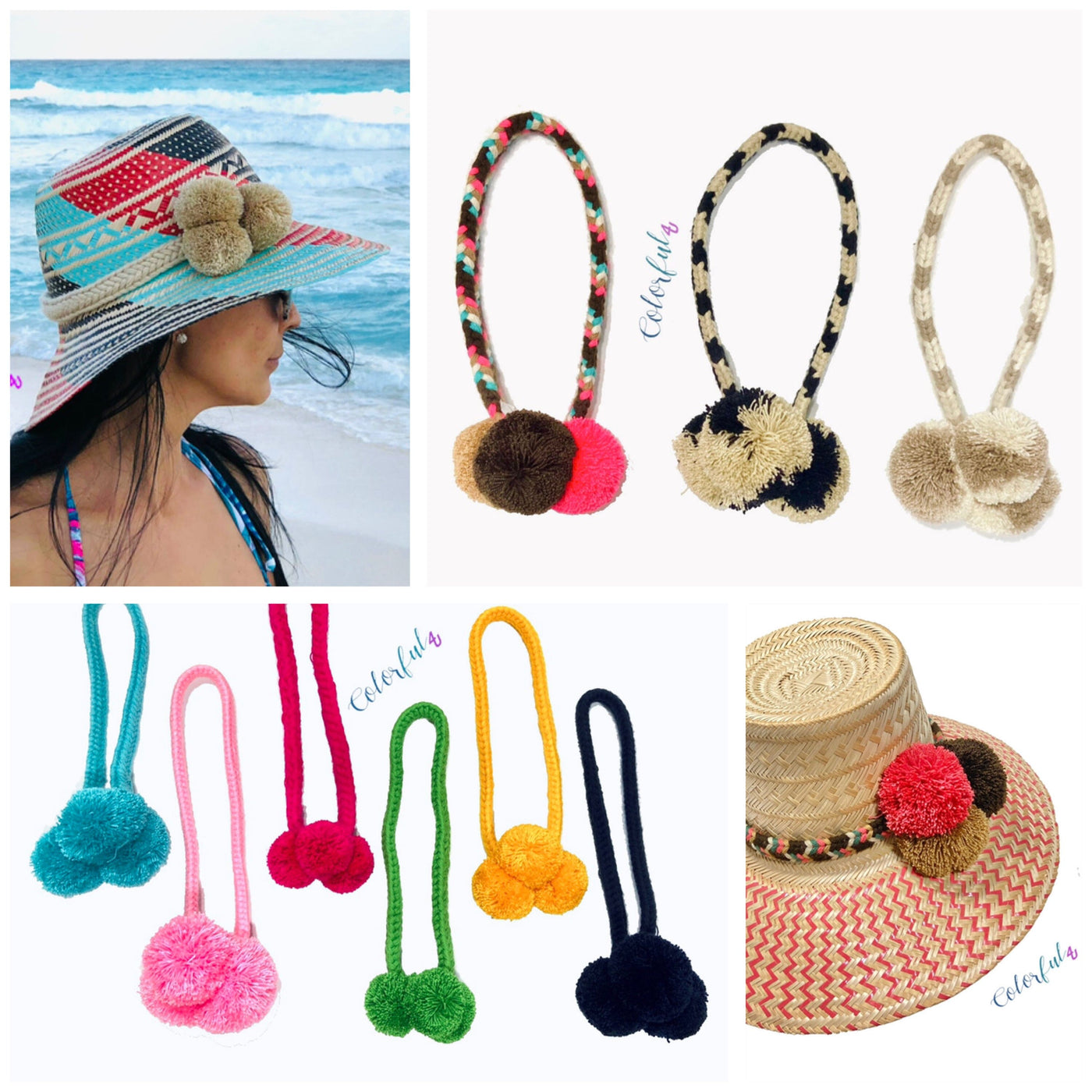 Pompom Hat Bands | Natural Straw Hat | Authentic Wayuu Hat | Summer Hat | Boho Sun Hat | Colorful 4u