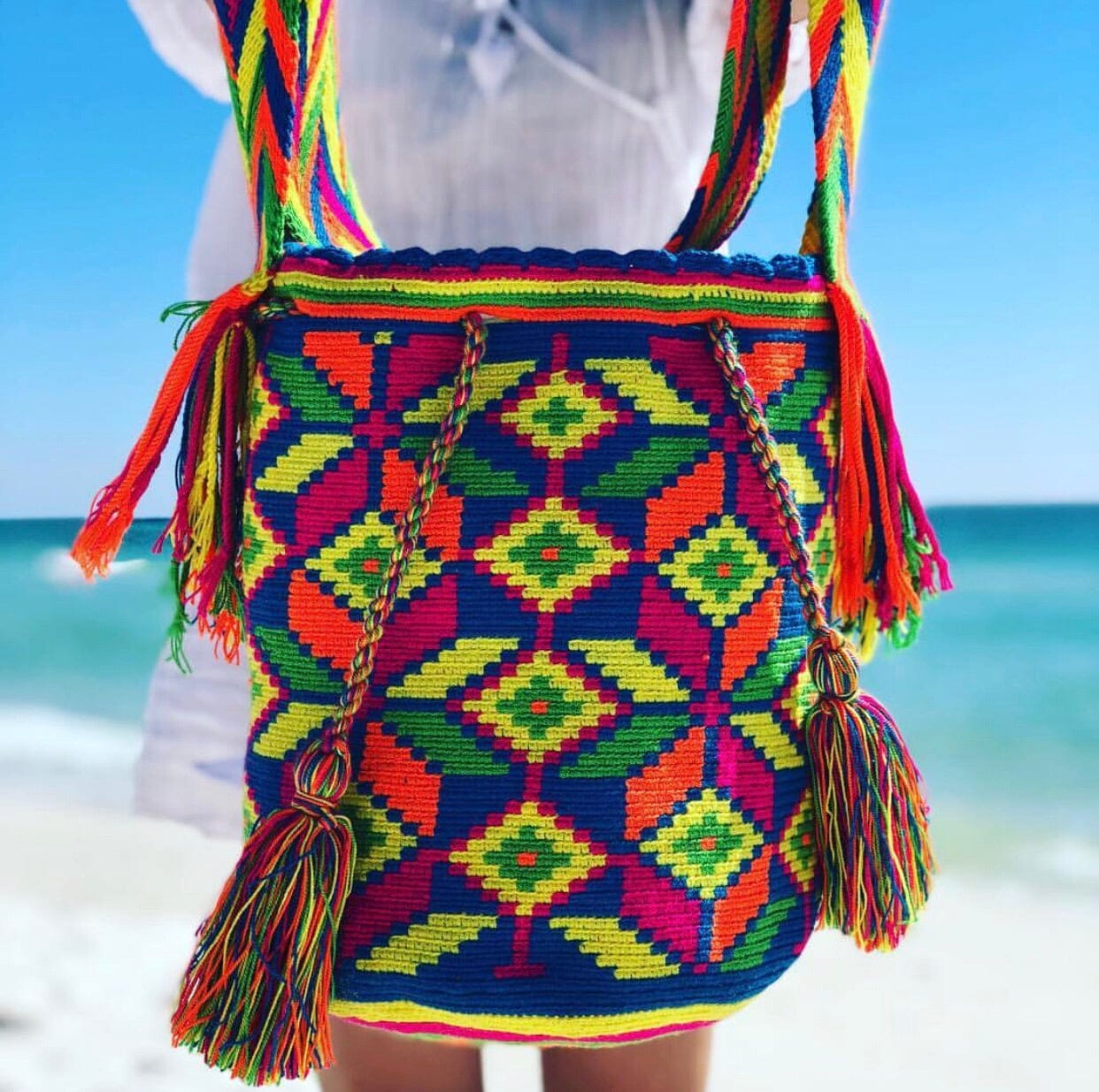 Blue Neon Beach Bag-Bohemian Crossbody Bucket Bag-Boho bag-Wayuu Mochila 