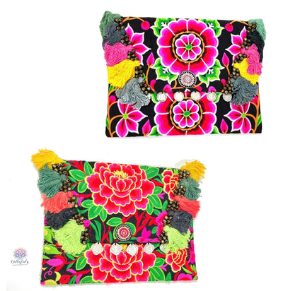 Neon Embroidered Boho Clutch - Bohemian Style Embroidered Clutch Bag 