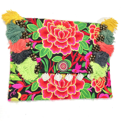 Neon Embroidered Boho Clutch - Bohemian Style Embroidered Clutch Bag Red and Yellow Flower 