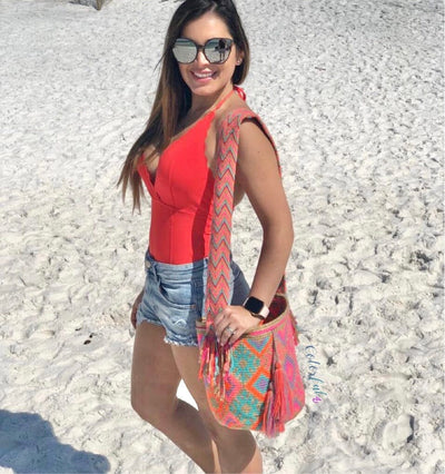 wearing a Large Neon Beach Bag | colorful4u