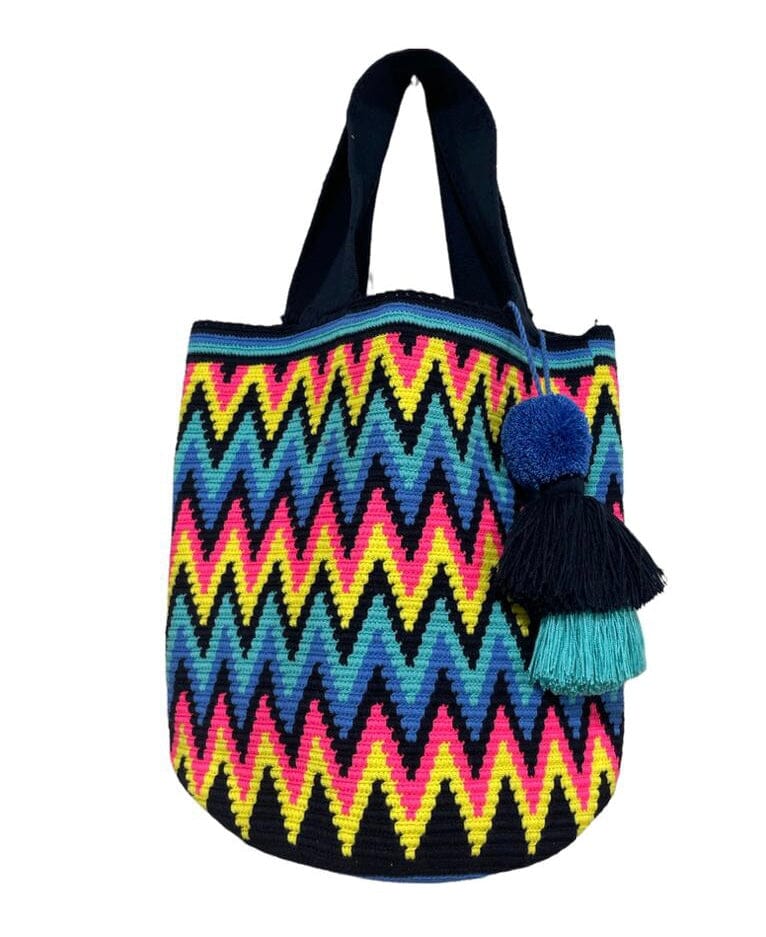 Navy Yellow Chevron Crochet Pattern Large Summer Tote Bag | Best Beach Tote Bags for women | Colorful 4u