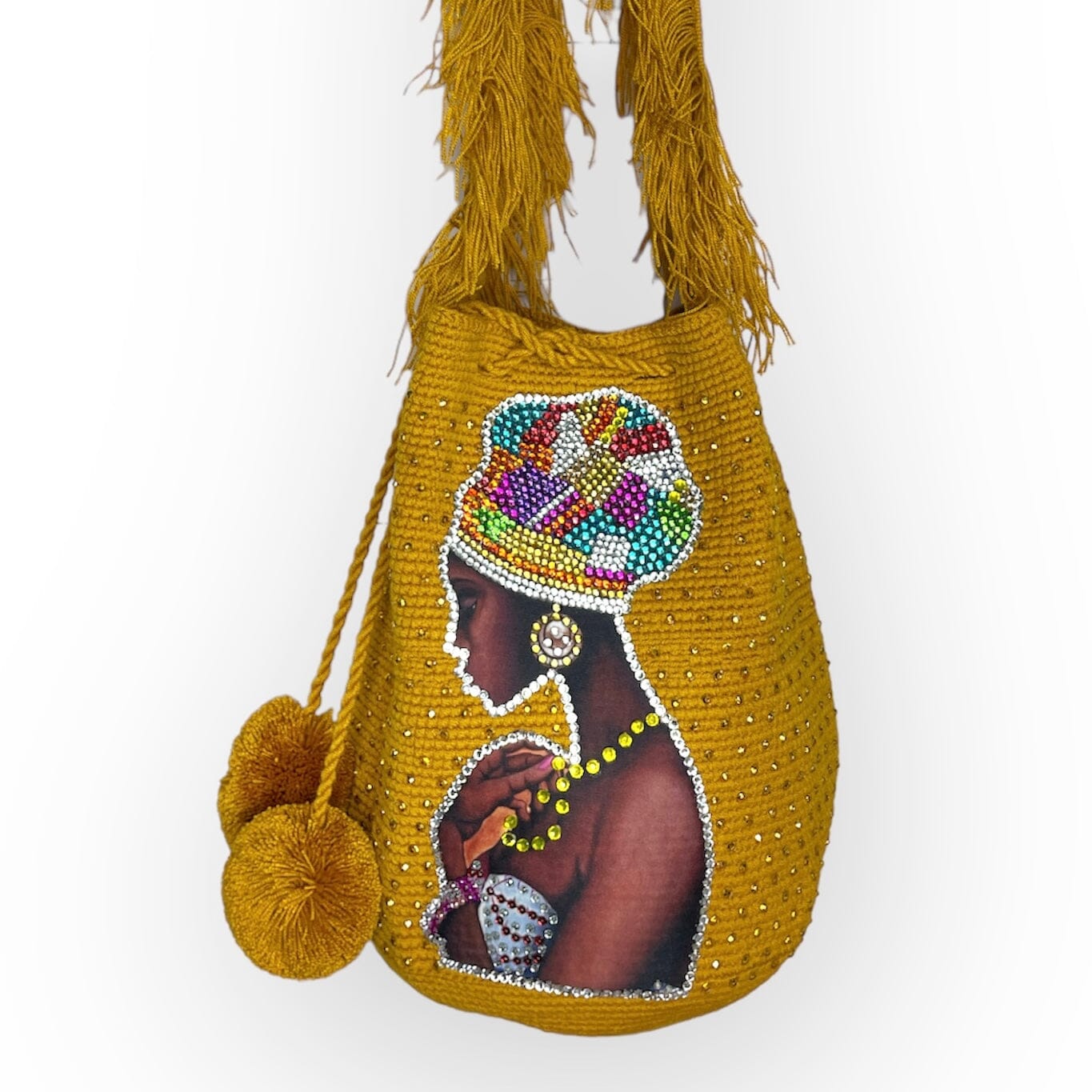 Hanging Large Special Edition Nigerian Women With Crystals and Pompoms | New Arrivals Crystal Embellished Crochet Bags | Colorful 4U