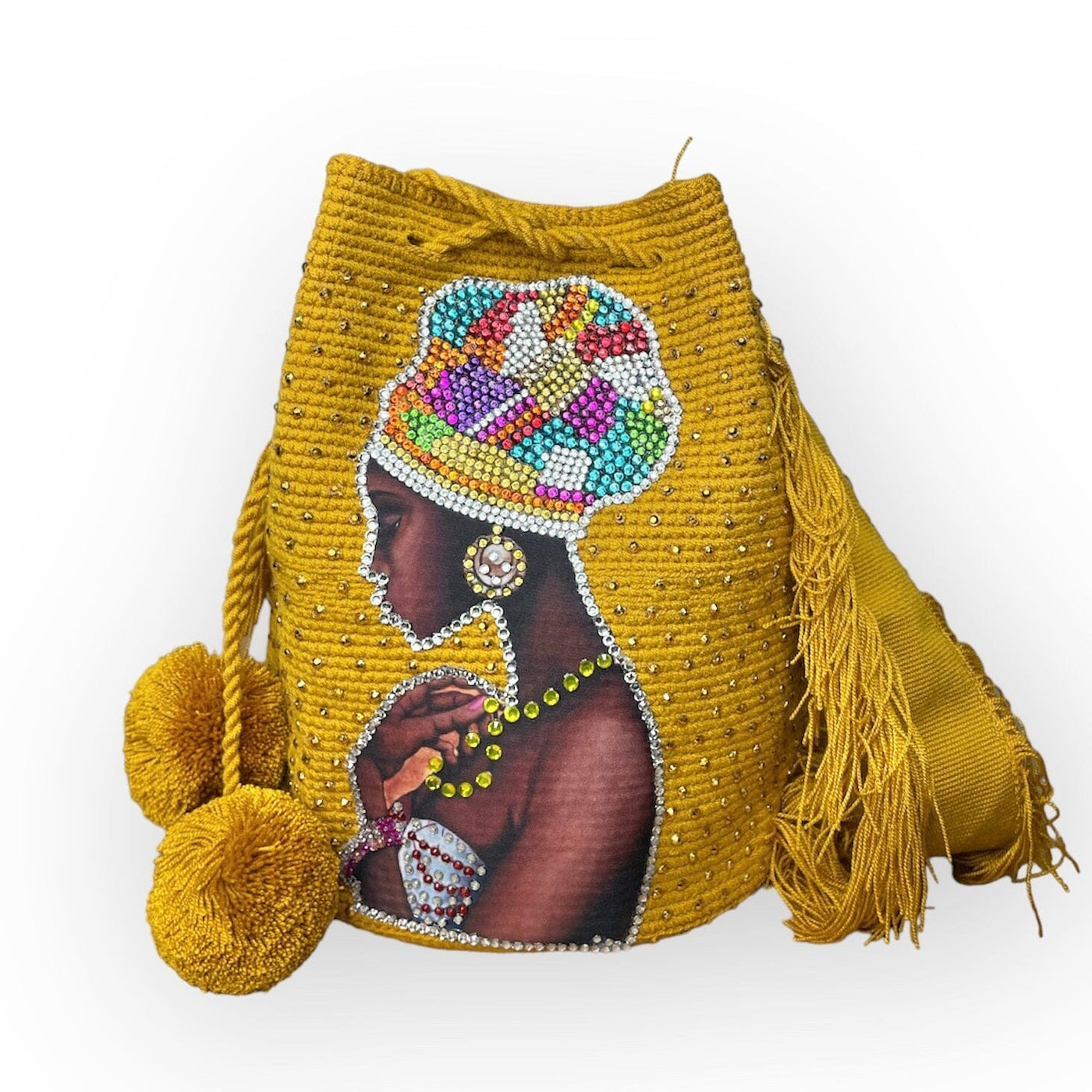 Yellow Mustard | Nigerian Women | New Arrivals Crystal Embellished Crochet Bags | Large With Pompoms | Colorful 4U