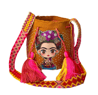 New Arrivals Crystal Embellished Crochet Bags Crossbody Crochet Boho Bag - Traditional Wayuu Design #35 Mustard Medium Frida Bag (9.5"H x 7.5"W) 