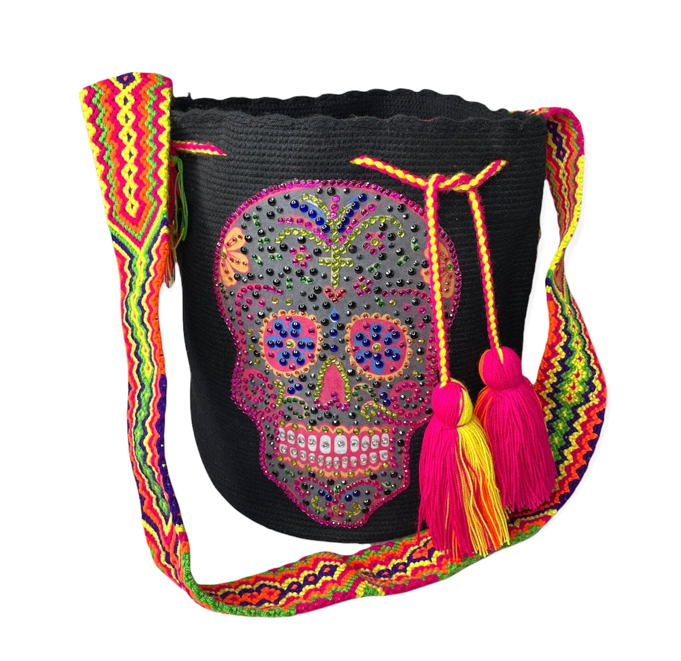 New Arrivals Crystal Embellished Crochet Bags Crossbody Crochet Boho Bag - Traditional Wayuu Design #36 Skull Large Black Crochet Bag (11"H x 9.5"W) 