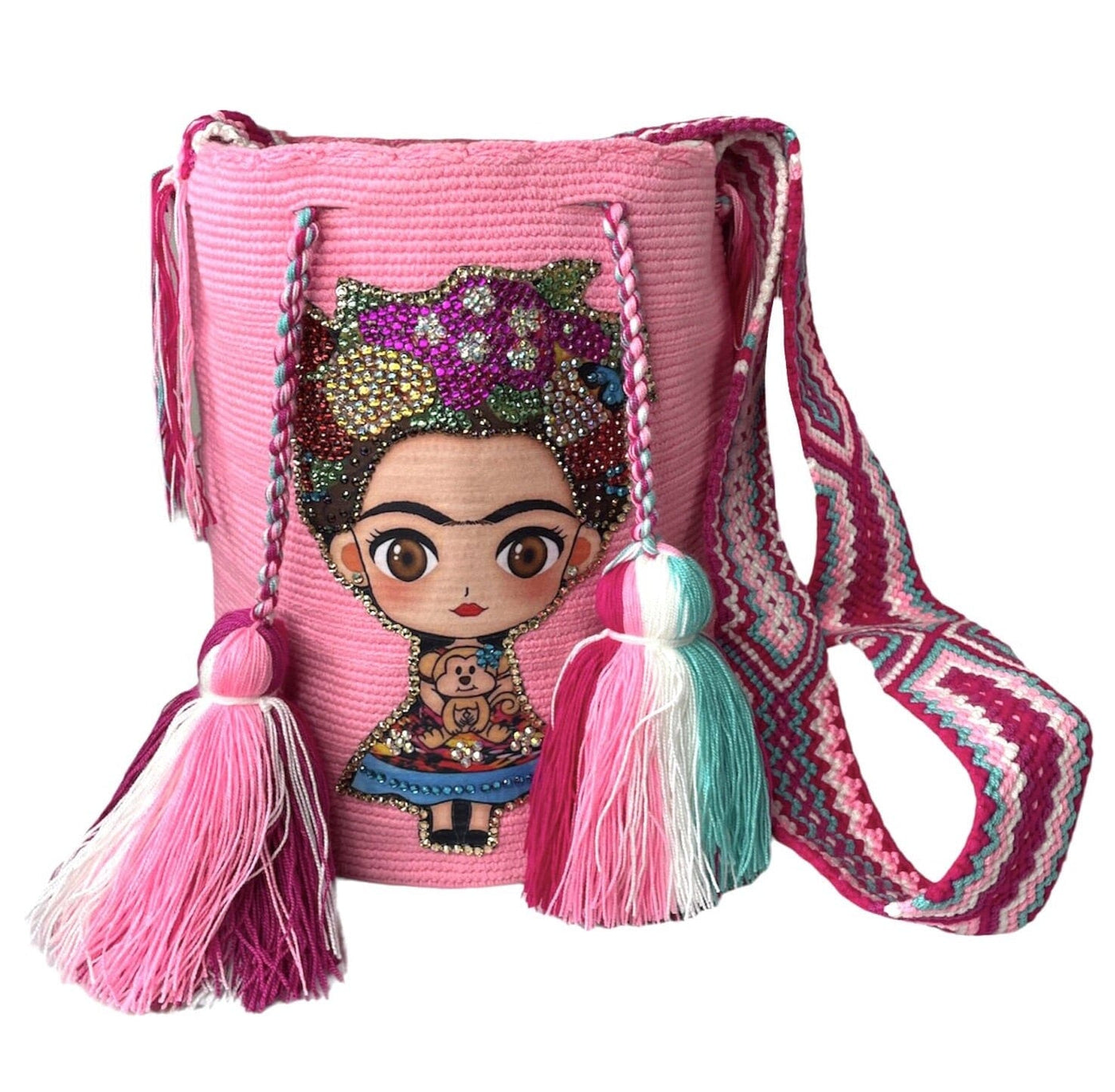 New Arrivals Crystal Embellished Crochet Bags Crossbody Crochet Boho Bag - Traditional Wayuu Design #37 Large Pink Frida Crochet Bag (11"H x 9.5"W) 