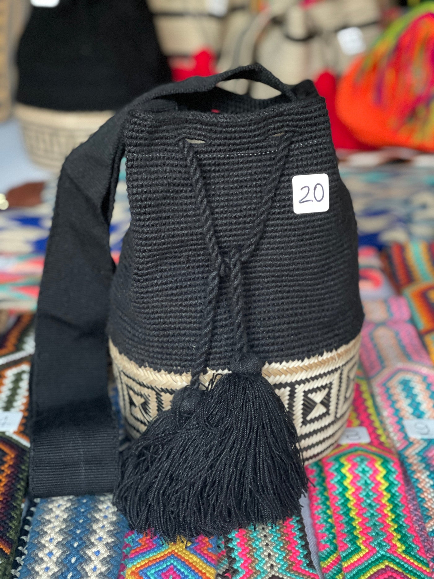 New Arrivals -Large Bohemian Bags & Special Edition Crochet Bags Crossbody Crochet Boho Bag - Traditional Wayuu Design #20 Black Straw Bottom 