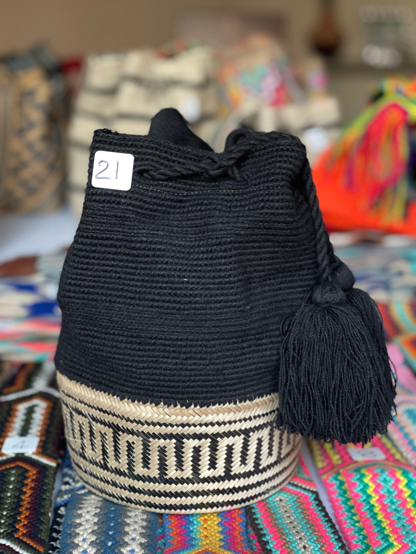 New Arrivals -Large Bohemian Bags & Special Edition Crochet Bags Crossbody Crochet Boho Bag - Traditional Wayuu Design #21 Black Straw Bottom 