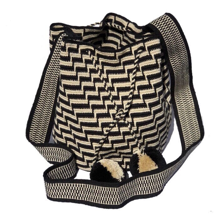 Pompom Black Crochet Boho Handbag | Crossbody/Shoulder Bucket Bag | Wayuu Bag