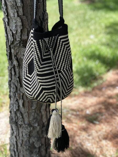 Striped-Black Crochet Bag-Crossbody Boho Bag-Wayuu Mochila Bag 