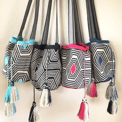 Black & White Crochet Bag-Fashion Crossbody Bags-Wayuu-Tassel Boho Bag