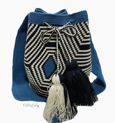 Perissa Beach Fashion Crochet Bags - Black & off-white Bags Special Edition Crochet Boho Bag - Crossbody/Shoulder Bucket Bag Navy Blue-Solid Strap MWDE15-NV