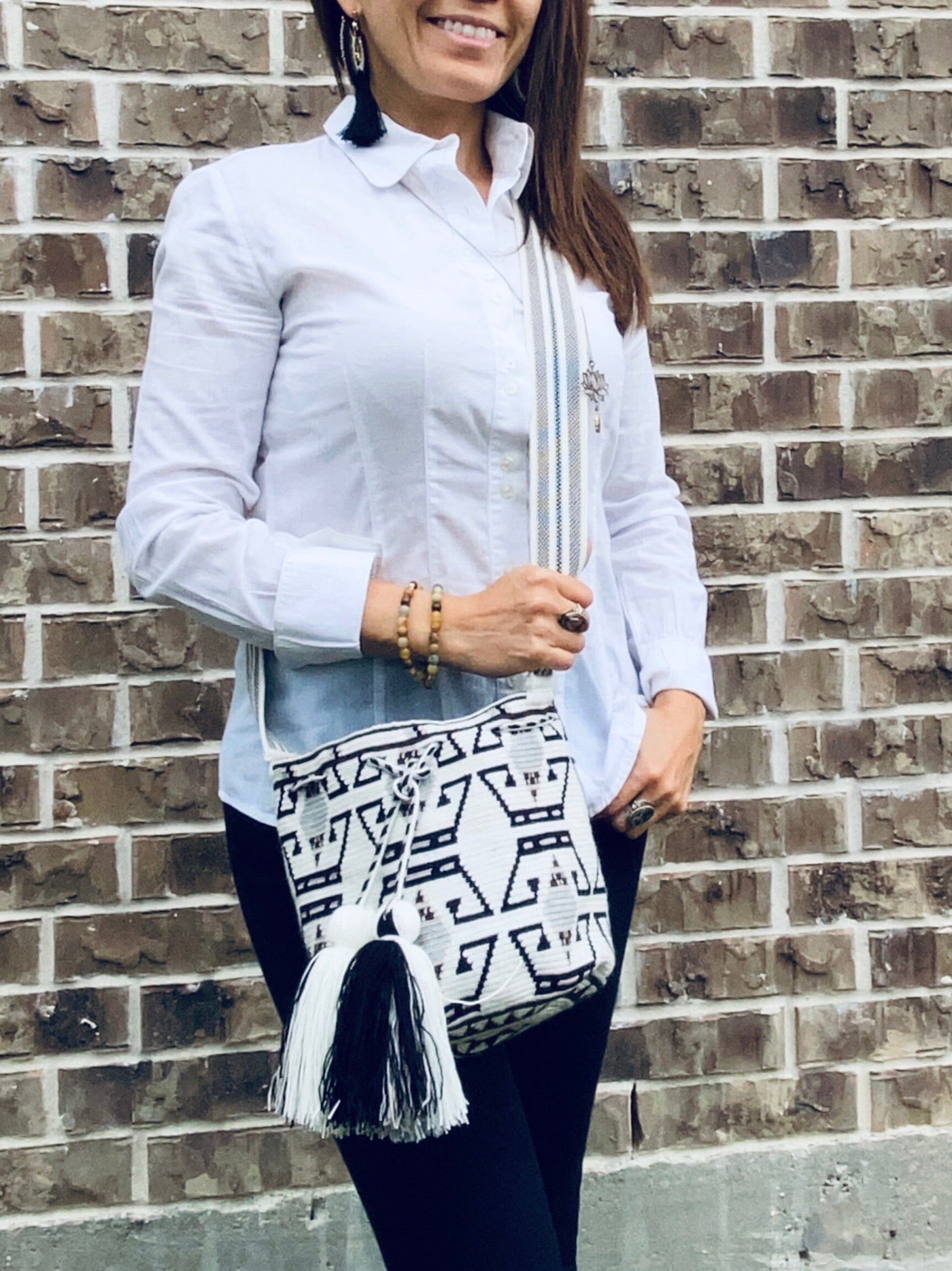 Wearing a premium Black and white Crochet Crossbody Bag | Colorful4U