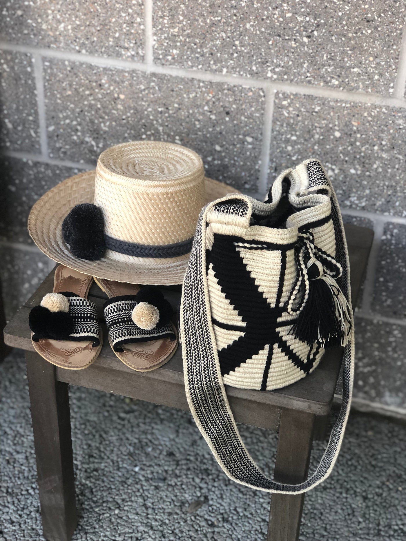Perissa Beach Medium Boho Bags | Black and White Bohemian Purses | M Medium-Crossbody Crochet Boho Bag - Traditional Wayuu Design 