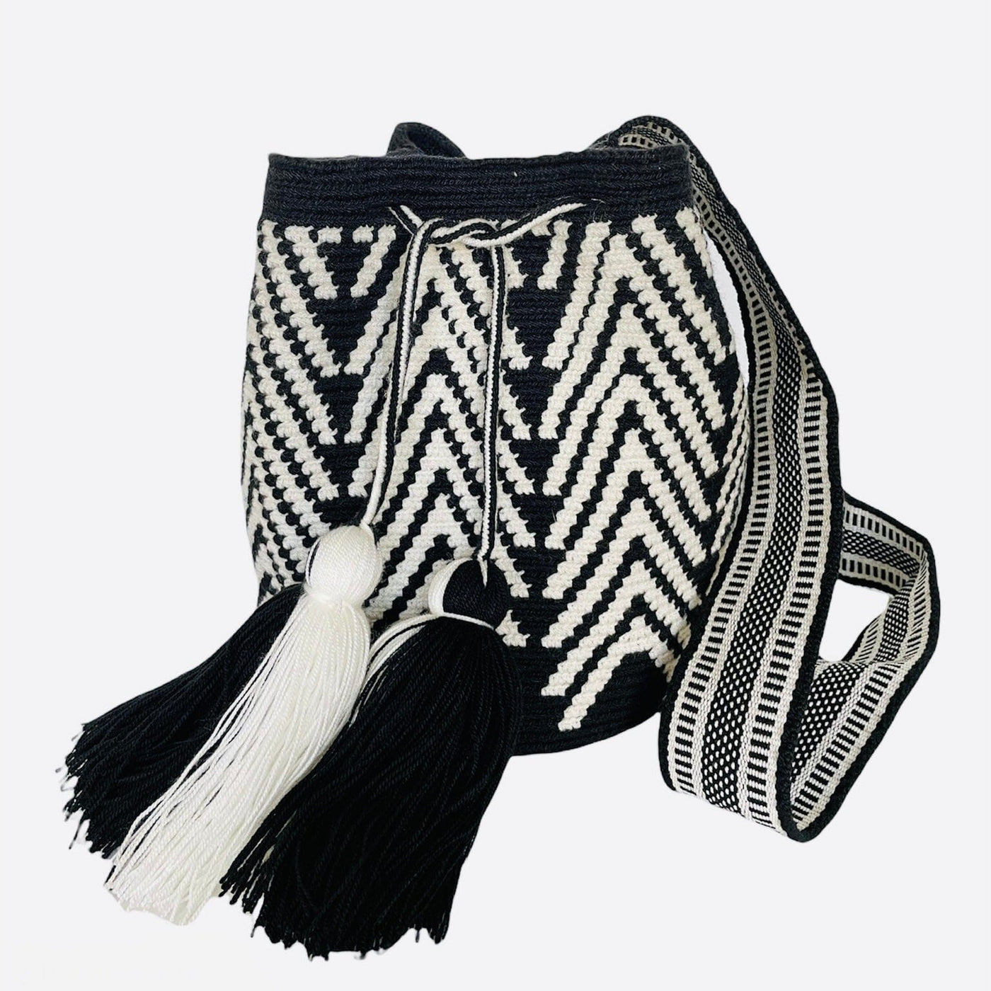 Chevron Pattern Black and white Crochet Crossbody Bag | Colorful4U