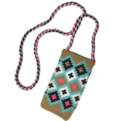 Camel-Brown-Teal Phone Purse | Hand-crocheted Phone Bags -Crossbody Phone Bag | Crochet