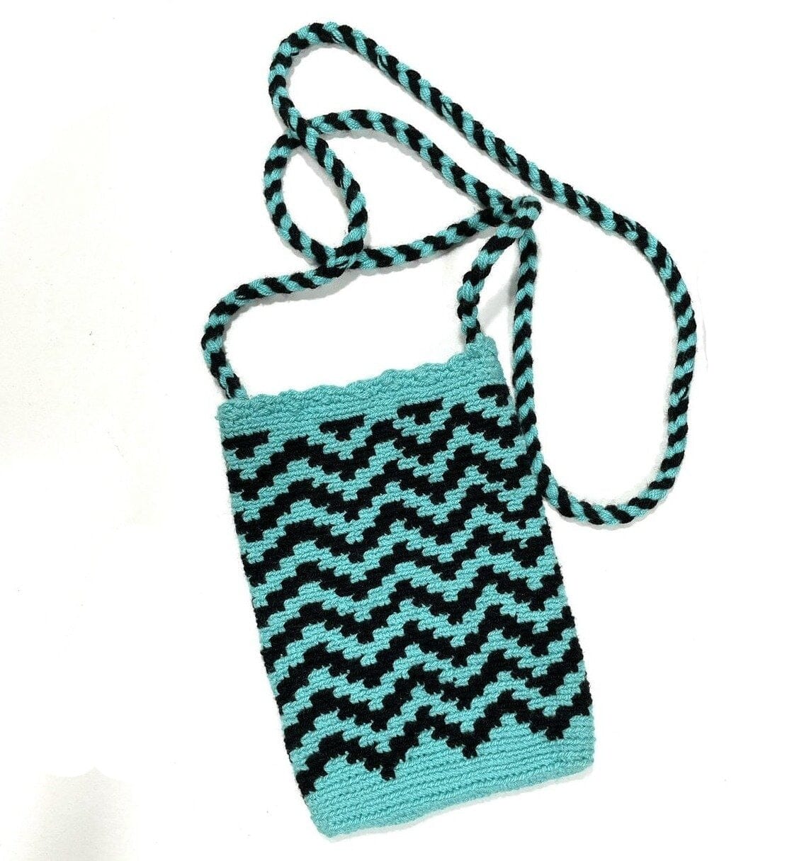 Phone Purses | Crossbody Crochet Phone Bags Crossbody Crochet Boho Bag Turquoise Black- Chevron 
