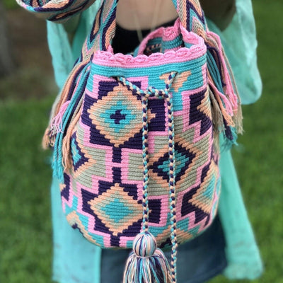 Pink Crossbody Bag - Hand-Crocheted-Bohemian Bag-Wayuu Mochila-Bucket