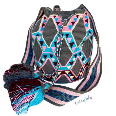 Premium Bags for Fall -  Crossbody Boho Bag- Wayuu Bohemian Bag - Gray-Pink-Turquoise