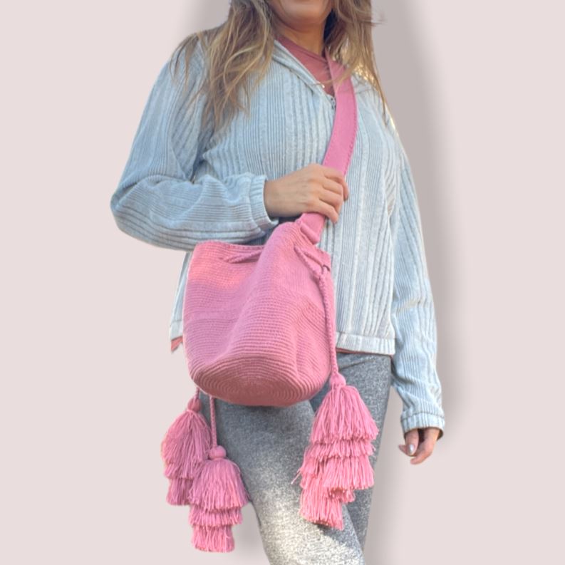 Wearing Pink Tassel Crochet Bag | Crossbody Casual Bag with Tassels | Colorful 4U