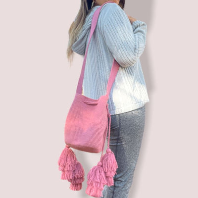 On the shoulder Pink Tassel Crochet Bag | Crossbody Casual Bag with Tassels | Colorful 4U
