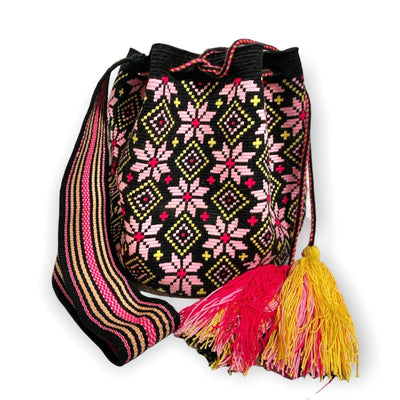 Rose/Pink Premium Crochet Bags Premium One thread Crochet Bag - Crossbody Boho Bag 03-Black/ Pink Flowers 