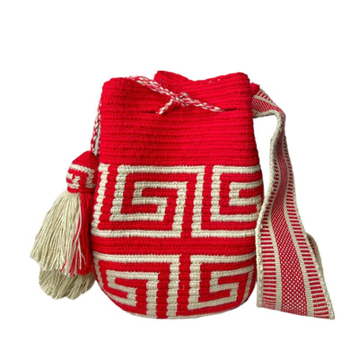 Greek Pattern | Scarlet Red Crochet Bag - Crossbody Shoulder Bucket Bag-Boho Bag Wayuu | Colorful4U