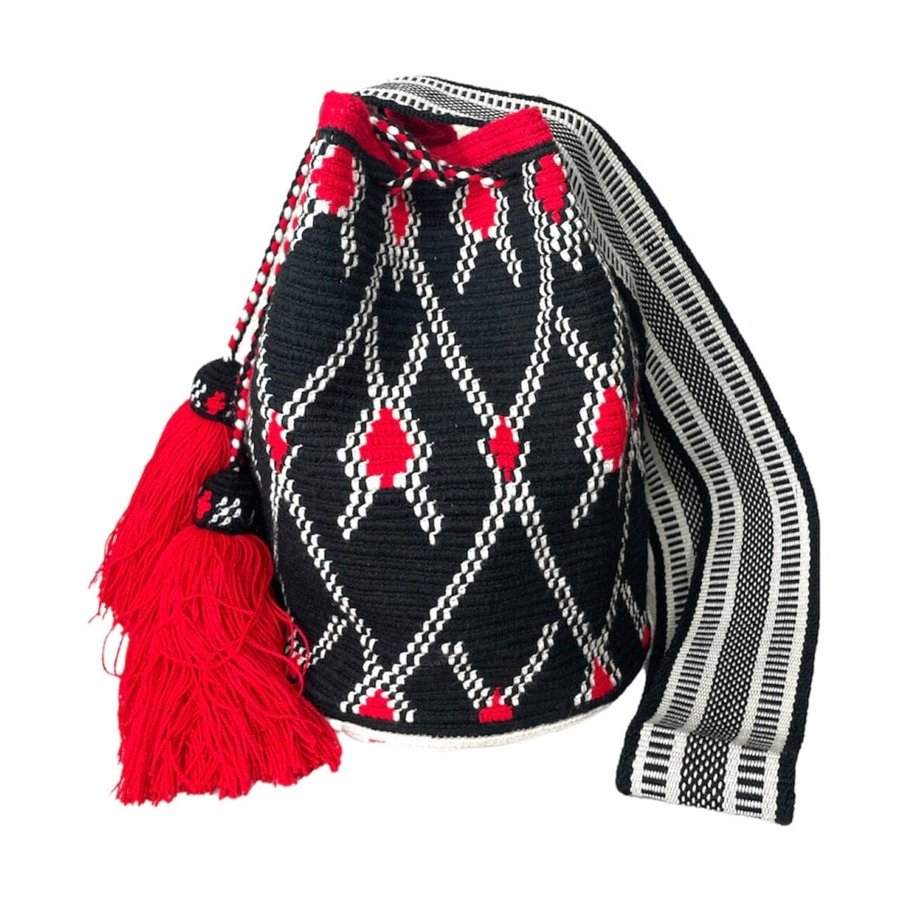 black SCARLET RED Crochet Bag - Crossbody Shoulder Bucket Bag-Boho Bag Wayuu