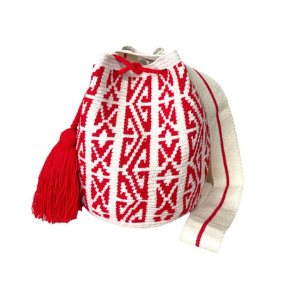white and SCARLET RED Crochet Bag - Crossbody Shoulder Bucket Bag-Boho Bag Wayuu