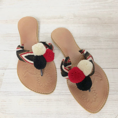Red Sandals-Pom Pom Flip Flops-Summer Flats-Cute Beach Slides-Wayuu