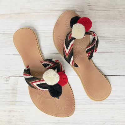 Red Sandals-Pom Pom Flip Flops-Summer Flats-Cute Beach Slides-Wayuu