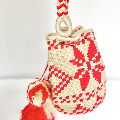 side Colorful4U SCARLET RED Medium Crochet Bag | Pompoms/Tassels Crossbody Shoulder Bucket Bag | Boho Bag Wayuu