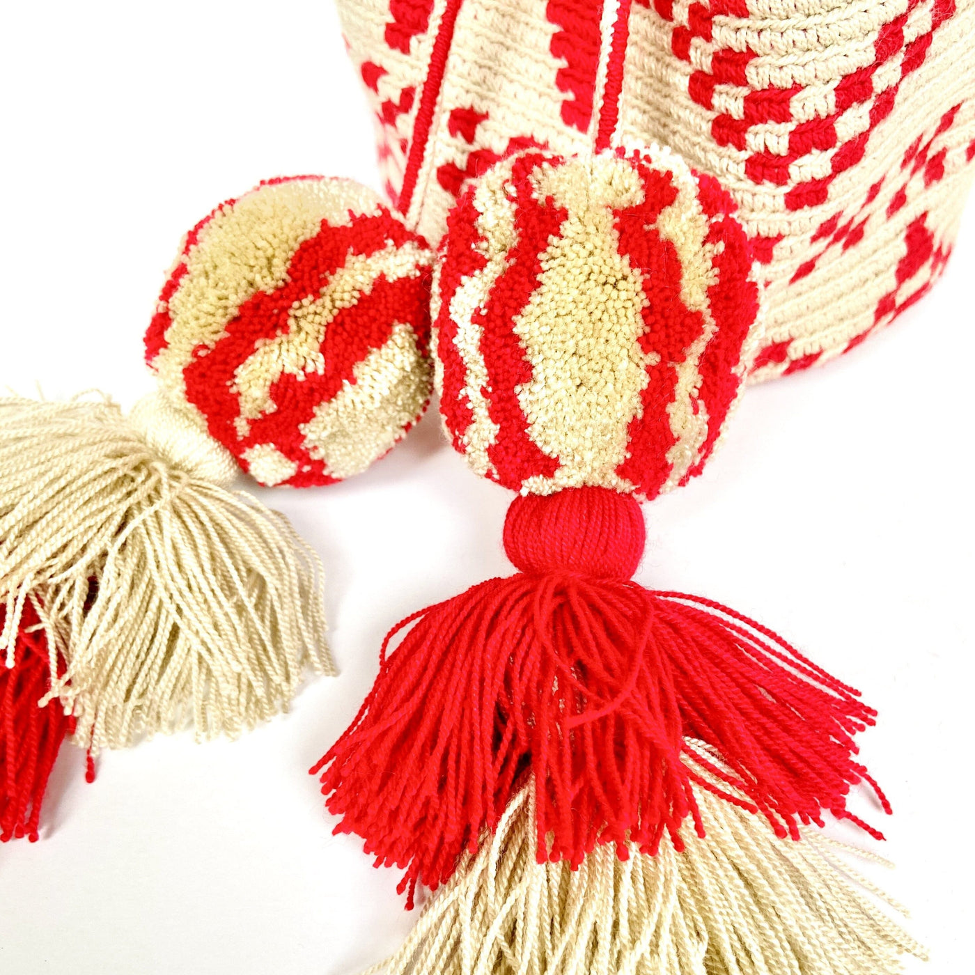 Colorful4U SCARLET RED Medium Crochet Bag | Pompoms/Tassels detail