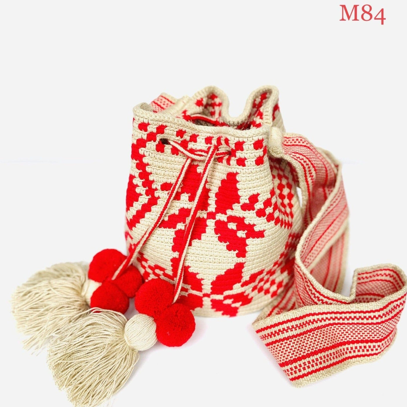 Colorful4U SCARLET RED Medium Crochet Bag | Mini Pompoms Crossbody Shoulder Bucket Bag | Boho Bag Wayuu