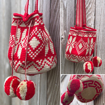 Scarlet Red Crossbody bag | Medium Crochet Bag with pom poms| Colorful4U