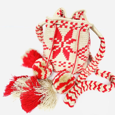 Colorful4U SCARLET RED Medium Crochet Bag | Pompoms/Tassels Crossbody Shoulder Bucket Bag | Boho Bag Wayuu