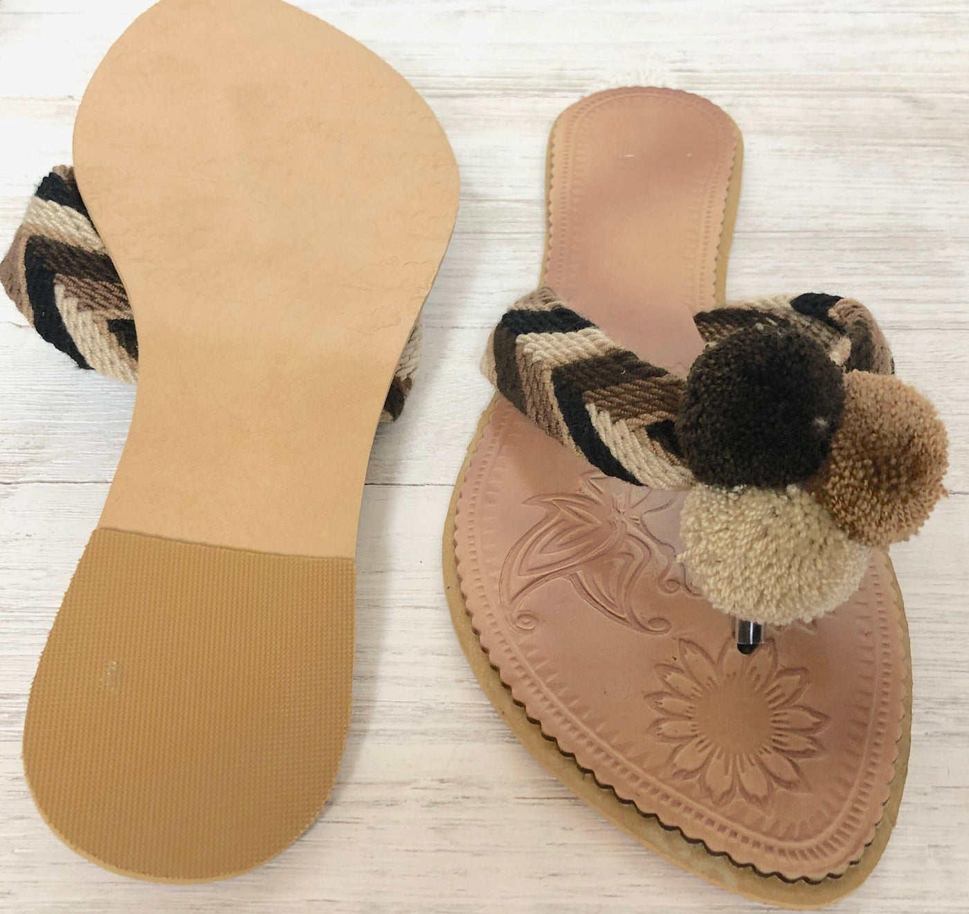 Shades of Brown Pom Pom Sandals - Summer Flip Flops-BEACH FLATS-SLIDES